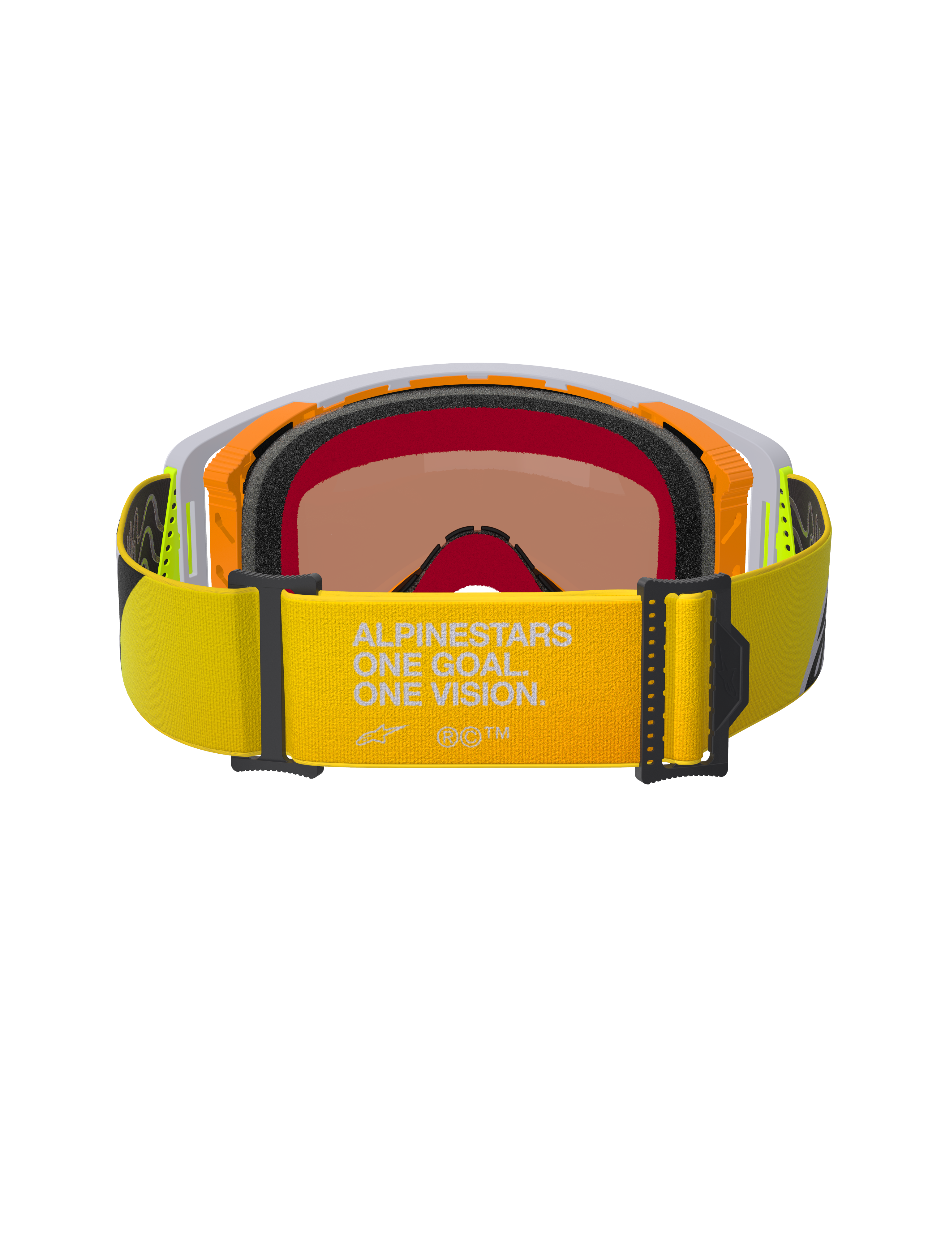 Gafas Alpinestars Supertech Corp Absolute Vision, vista trasera, correa amarillo flúor con el eslogan "ALPINESTARS ONE GOAL. ONE VISION.", montura naranja y gris con espuma facial negra de varias capas, lente de espejo con tinte cálido, gafas de motocross de alto rendimiento