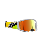 Gafas Alpinestars Supertech Corp Absolute Vision, gafas de motocross, amarillo flúor y gris, lente roja de espejo, vista lateral que destaca una amplia visión periférica y una correa amarillo flúor con un llamativo logotipo de Alpinestars en negro, equipamiento profesional para carreras off-road.
