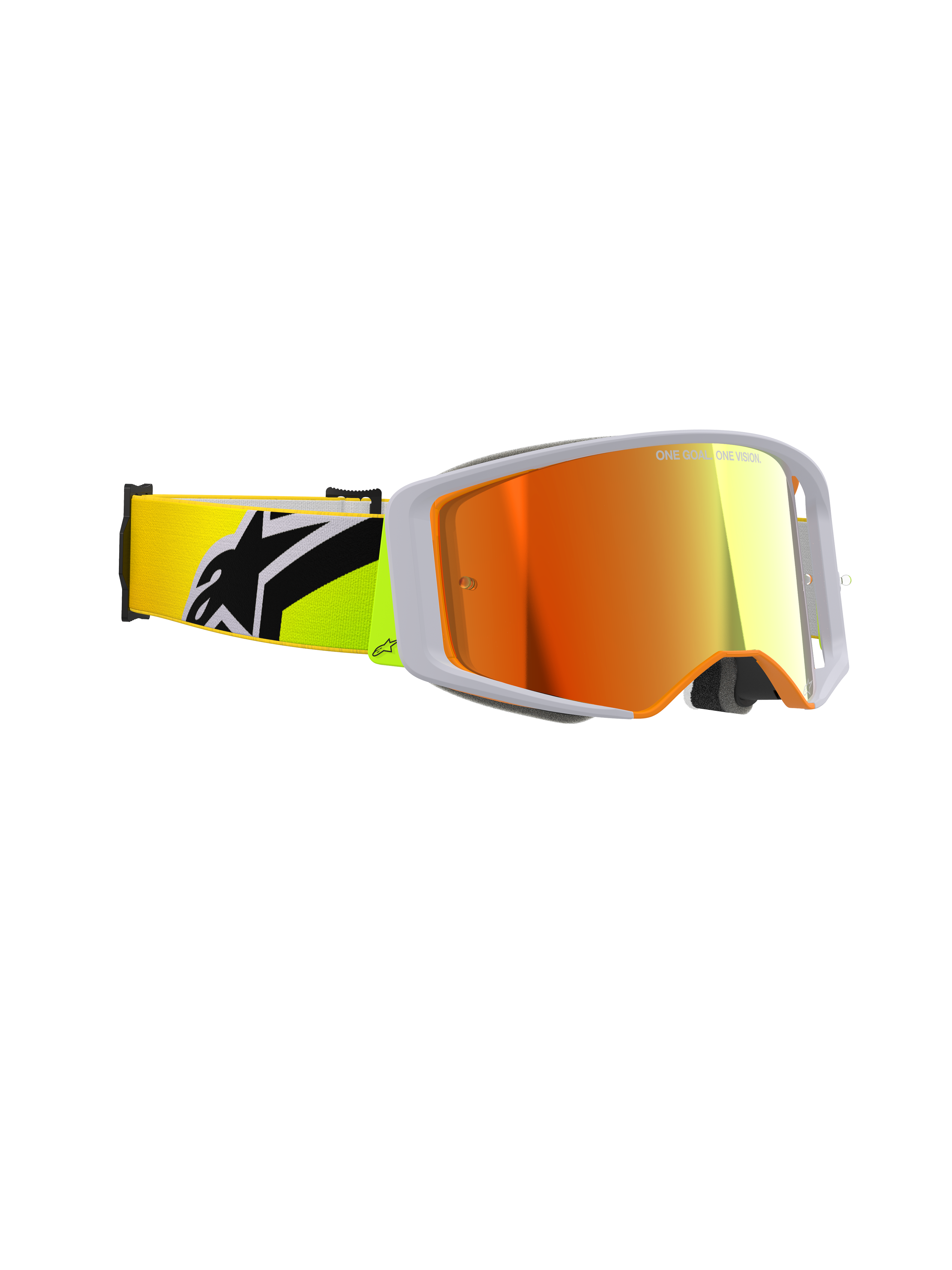 Gafas Alpinestars Supertech Corp Absolute Vision, gafas de motocross, amarillo flúor y gris, lente roja de espejo, vista lateral que destaca una amplia visión periférica y una correa amarillo flúor con un llamativo logotipo de Alpinestars en negro, equipamiento profesional para carreras off-road.