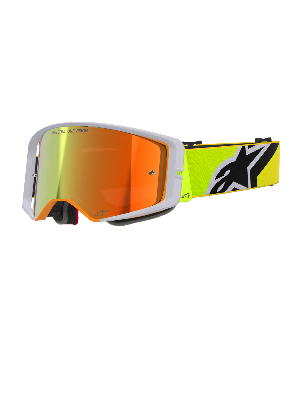 Alpinestars Supertech Corp Goggles Absolute Vision, gafas de motocross, amarillo flúor y gris, lente espejada roja con el texto 'One Goal. One Vision.', correa amarillo flúor con el logotipo de Alpinestars en blanco y negro, gafas todoterreno de alto rendimiento
