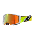Alpinestars Supertech Corp Goggles Absolute Vision, gafas de motocross, amarillo flúor y gris, lente espejada roja con el texto 'One Goal. One Vision.', correa amarillo flúor con el logotipo de Alpinestars en blanco y negro, gafas todoterreno de alto rendimiento
