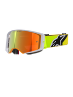 Alpinestars Supertech Corp Goggles Absolute Vision, gafas de motocross, amarillo flúor y gris, lente espejada roja con el texto 'One Goal. One Vision.', correa amarillo flúor con el logotipo de Alpinestars en blanco y negro, gafas todoterreno de alto rendimiento