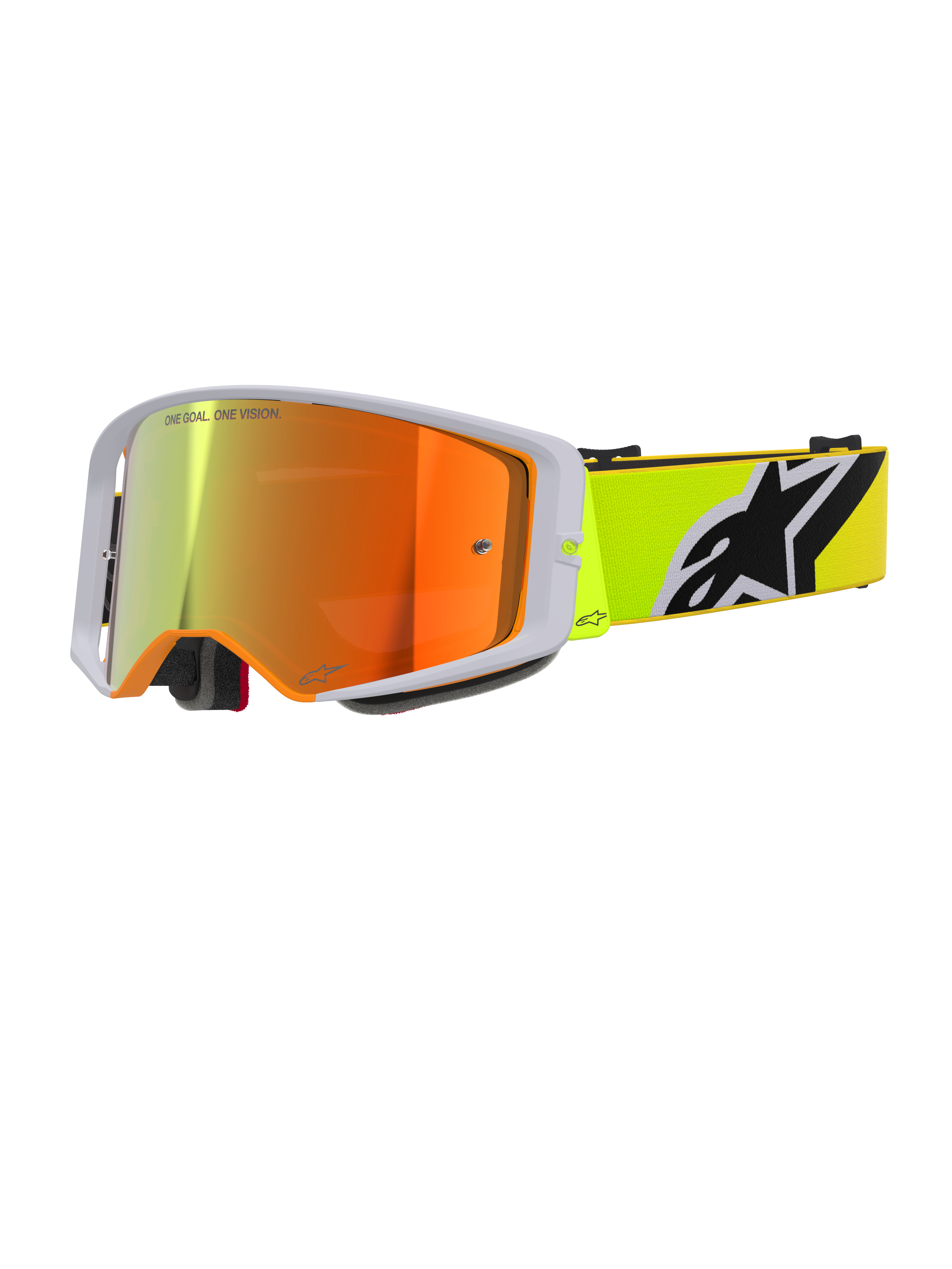 Alpinestars Supertech Corp Goggles Absolute Vision, gafas de motocross, amarillo flúor y gris, lente espejada roja con el texto 'One Goal. One Vision.', correa amarillo flúor con el logotipo de Alpinestars en blanco y negro, gafas todoterreno de alto rendimiento