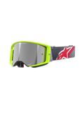 Alpinestars Supertech Corp Goggles Absolute Vision, gafas de motocross MX, montura amarillo flúor brillante con lente de espejo plateada, correa gris con un gran logotipo de estrella en rojo y blanco, con la inscripción 'ONE GOAL. ONE VISION.' en la lente, diseño duradero para carreras todoterreno