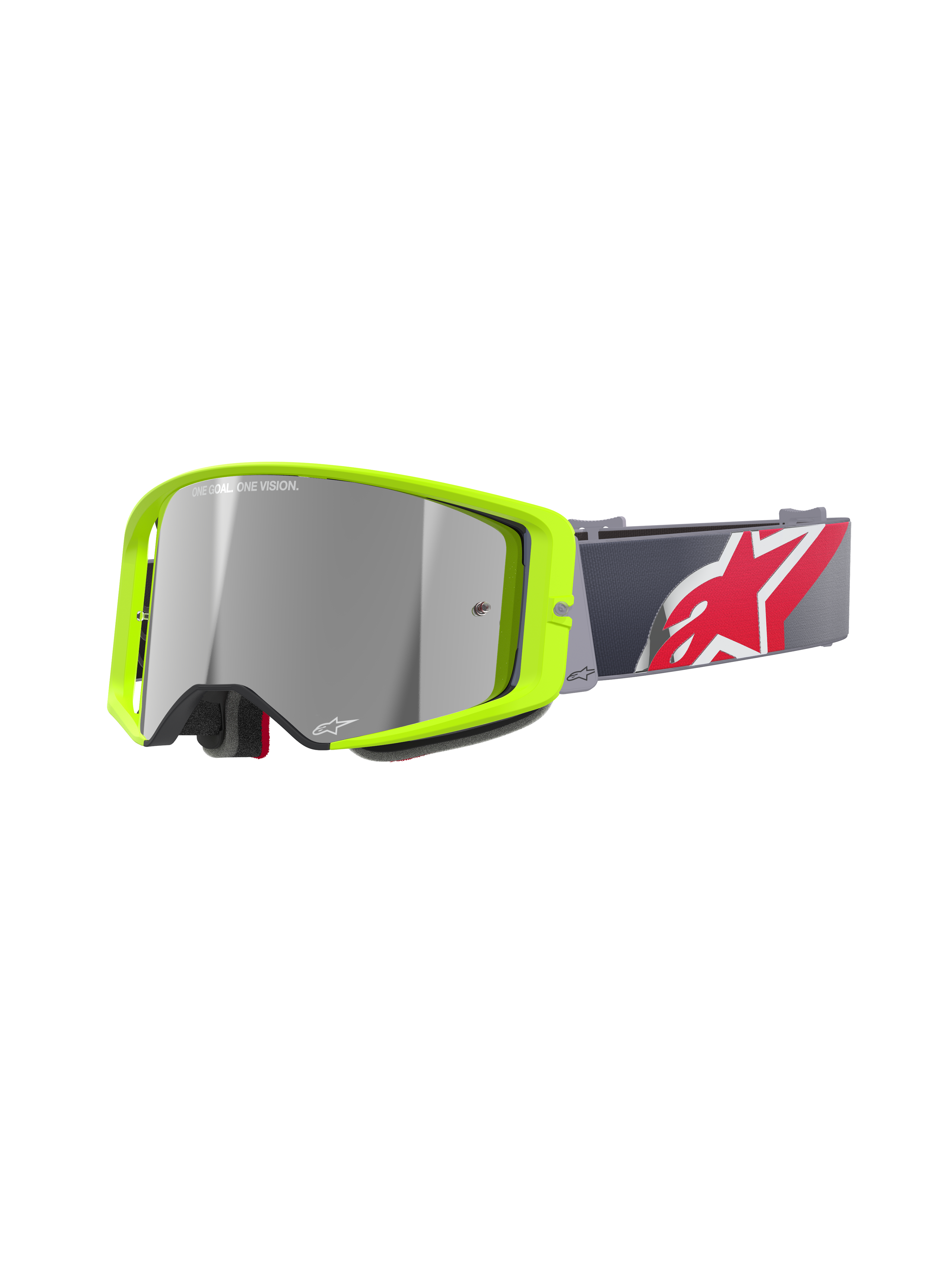 Alpinestars Supertech Corp Goggles Absolute Vision, gafas de motocross MX, montura amarillo flúor brillante con lente de espejo plateada, correa gris con un gran logotipo de estrella en rojo y blanco, con la inscripción 'ONE GOAL. ONE VISION.' en la lente, diseño duradero para carreras todoterreno