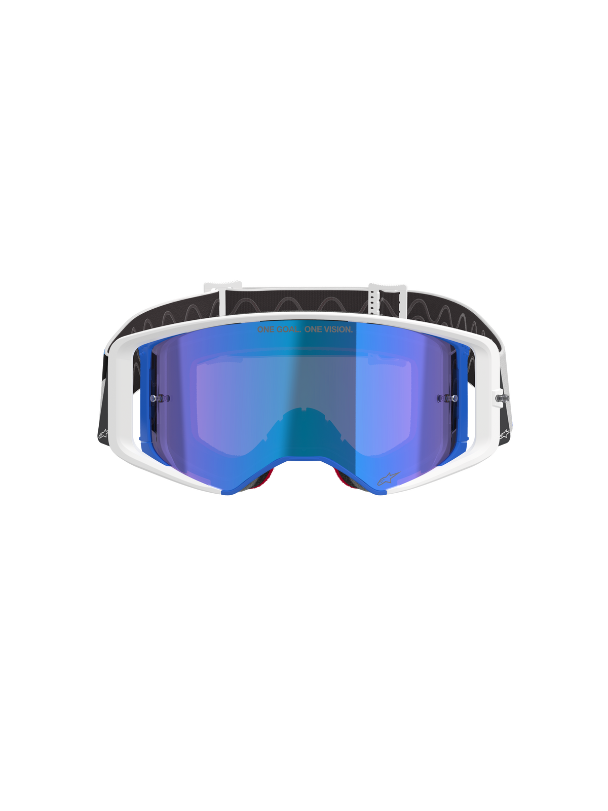 Gafas Alpinestars Supertech Corp Absolute Vision, gafas de motocross, montura blanca y azul con lente azul espejada, con el texto 'ONE GOAL. ONE VISION.' en la lente, correa ajustable en blanco y negro, gafas de alto rendimiento para carreras off-road