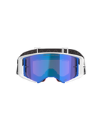 Gafas Alpinestars Supertech Corp Absolute Vision, gafas de motocross, montura blanca y azul con lente azul espejada, con el texto 'ONE GOAL. ONE VISION.' en la lente, correa ajustable en blanco y negro, gafas de alto rendimiento para carreras off-road