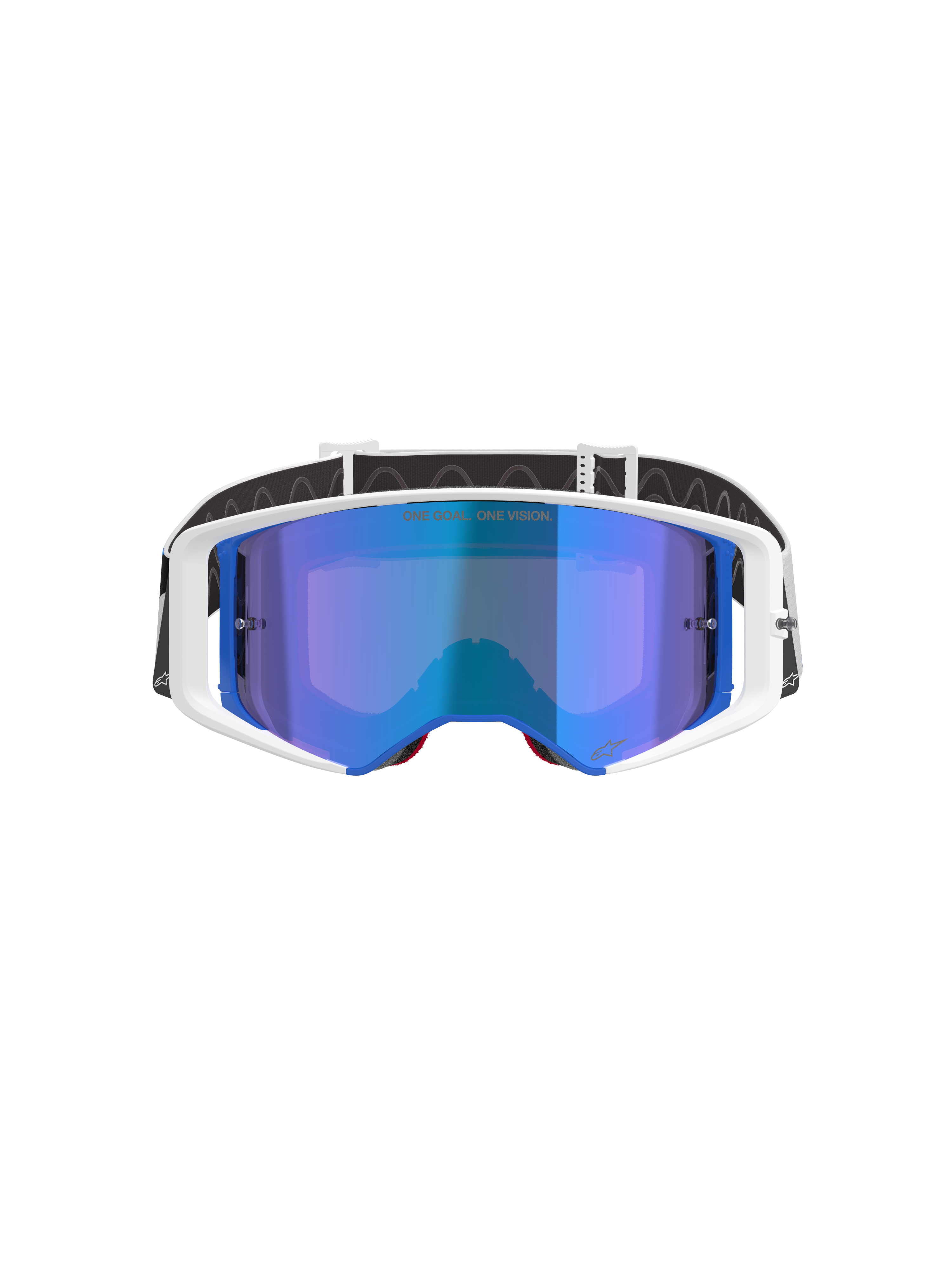 Gafas Alpinestars Supertech Corp Absolute Vision, gafas de motocross, montura blanca y azul con lente azul espejada, con el texto 'ONE GOAL. ONE VISION.' en la lente, correa ajustable en blanco y negro, gafas de alto rendimiento para carreras off-road