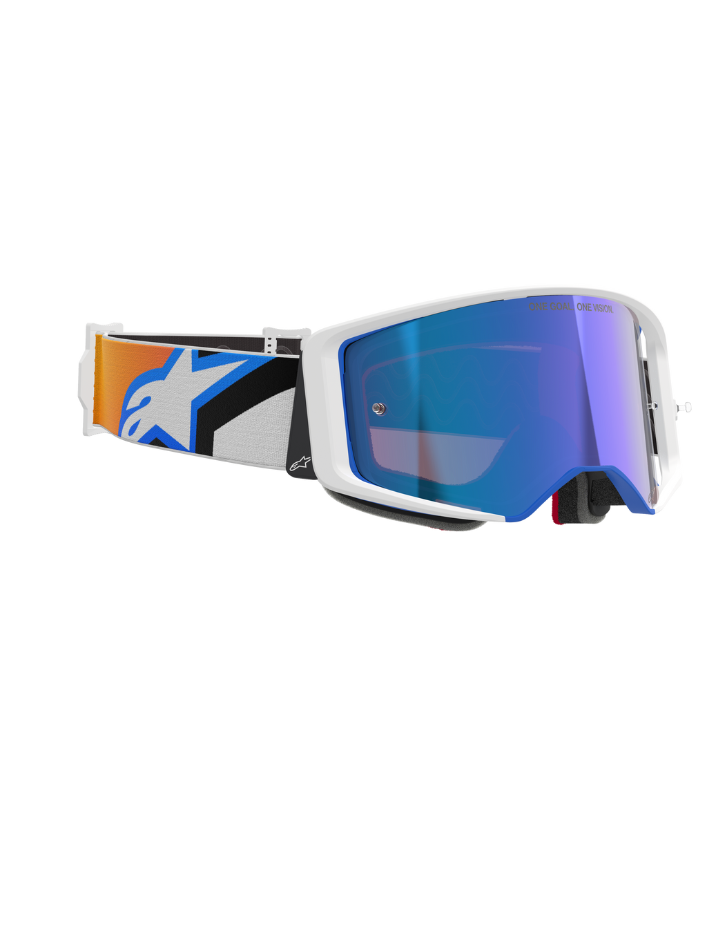 Alpinestars Supertech Corp Goggles Absolute Vision, gafas de motocross, montura blanca con lente de espejo azul, correa ajustable con diseño gráfico en azul y naranja y el logotipo de Alpinestars, gafas profesionales para carreras todoterreno