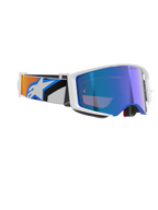 Alpinestars Supertech Corp Goggles Absolute Vision, gafas de motocross, montura blanca con lente de espejo azul, correa ajustable con diseño gráfico en azul y naranja y el logotipo de Alpinestars, gafas profesionales para carreras todoterreno