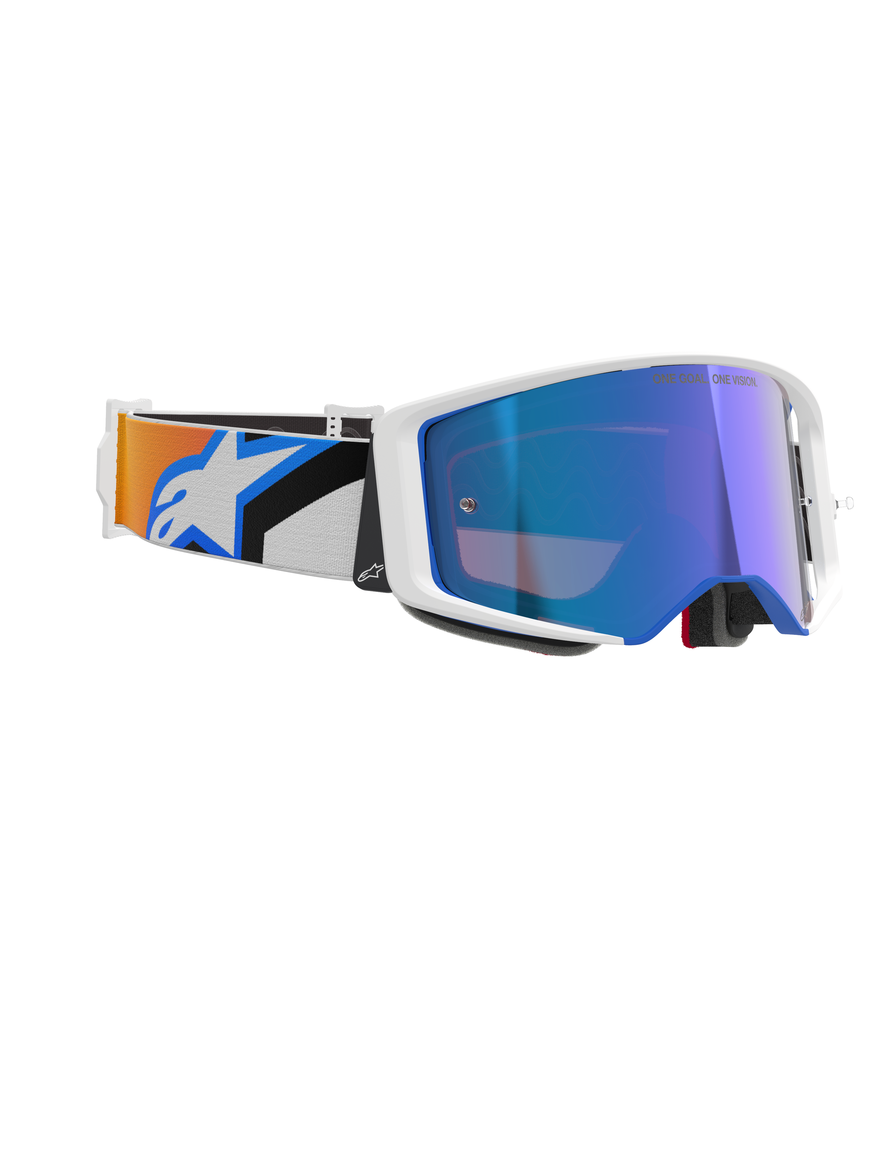 Alpinestars Supertech Corp Goggles Absolute Vision, gafas de motocross, montura blanca con lente de espejo azul, correa ajustable con diseño gráfico en azul y naranja y el logotipo de Alpinestars, gafas profesionales para carreras todoterreno