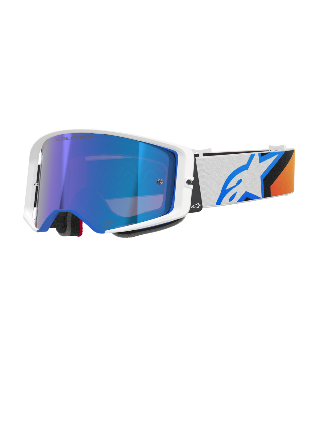 Gafas Alpinestars Supertech Corp Absolute Vision, gafas de motocross, azul y naranja con lente de espejo azul, montura blanca y azul, correa blanca ancha con un llamativo logo de estrella azul y detalles en naranja, protección ocular de alto rendimiento para todoterreno