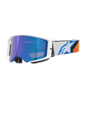 Gafas Alpinestars Supertech Corp Absolute Vision, gafas de motocross, azul y naranja con lente de espejo azul, montura blanca y azul, correa blanca ancha con un llamativo logo de estrella azul y detalles en naranja, protección ocular de alto rendimiento para todoterreno