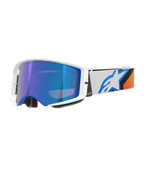 Gafas Alpinestars Supertech Corp Absolute Vision, gafas de motocross, azul y naranja con lente de espejo azul, montura blanca y azul, correa blanca ancha con un llamativo logo de estrella azul y detalles en naranja, protección ocular de alto rendimiento para todoterreno