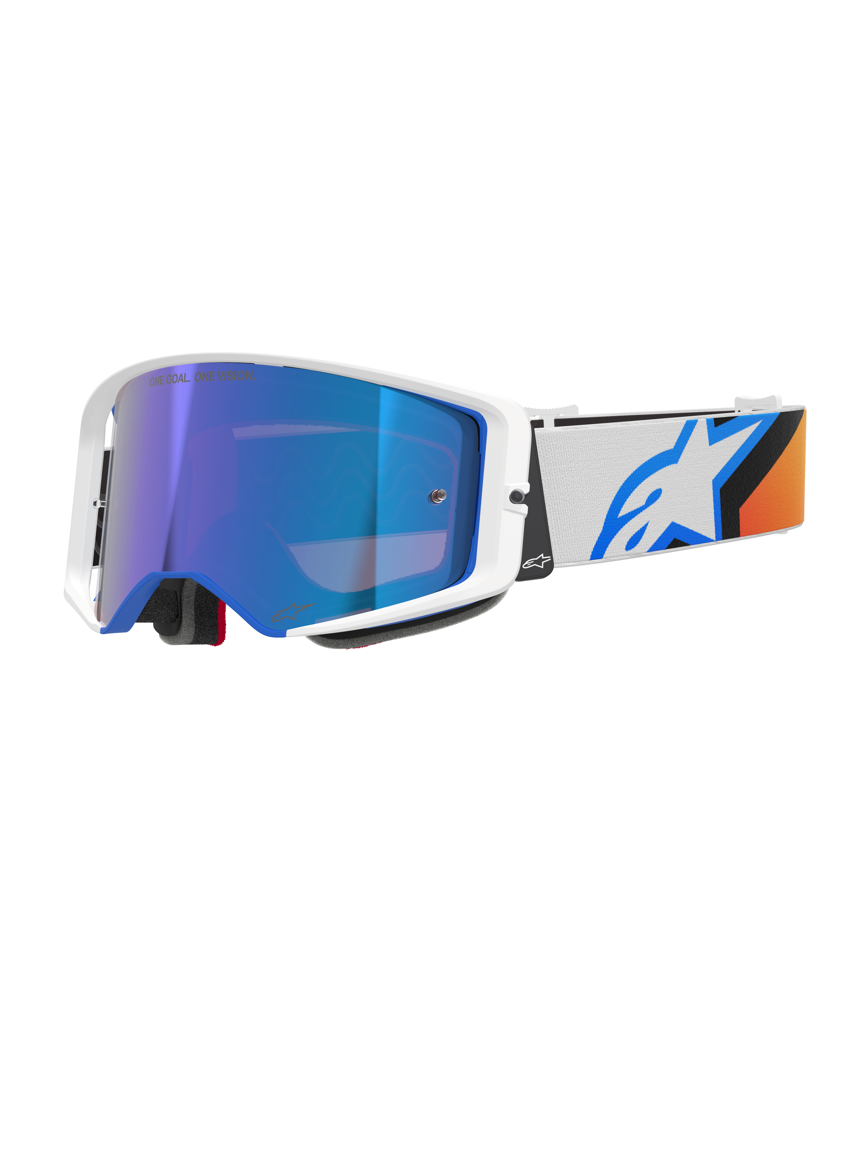 Gafas Alpinestars Supertech Corp Absolute Vision, gafas de motocross, azul y naranja con lente de espejo azul, montura blanca y azul, correa blanca ancha con un llamativo logo de estrella azul y detalles en naranja, protección ocular de alto rendimiento para todoterreno