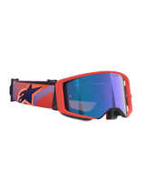 Alpinestars Supertech Vision Corp Goggles, Motocross Goggles, Hot Coral frame and Mirror Blue lens, featuring a purple and coral patterned strap with a dark blue star logo, championship-proven design for off-road racing