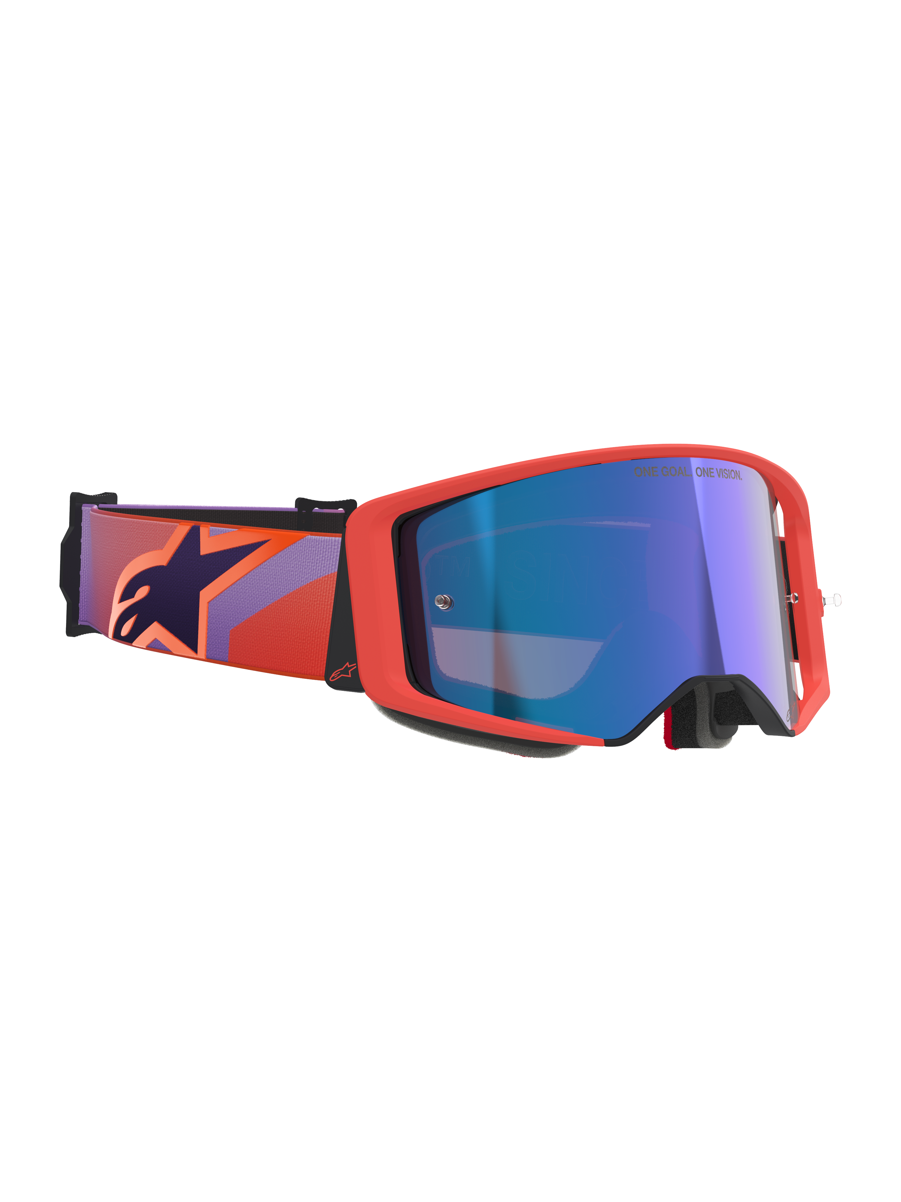 Alpinestars Supertech Vision Corp Goggles, Motocross Goggles, Hot Coral frame and Mirror Blue lens, featuring a purple and coral patterned strap with a dark blue star logo, championship-proven design for off-road racing