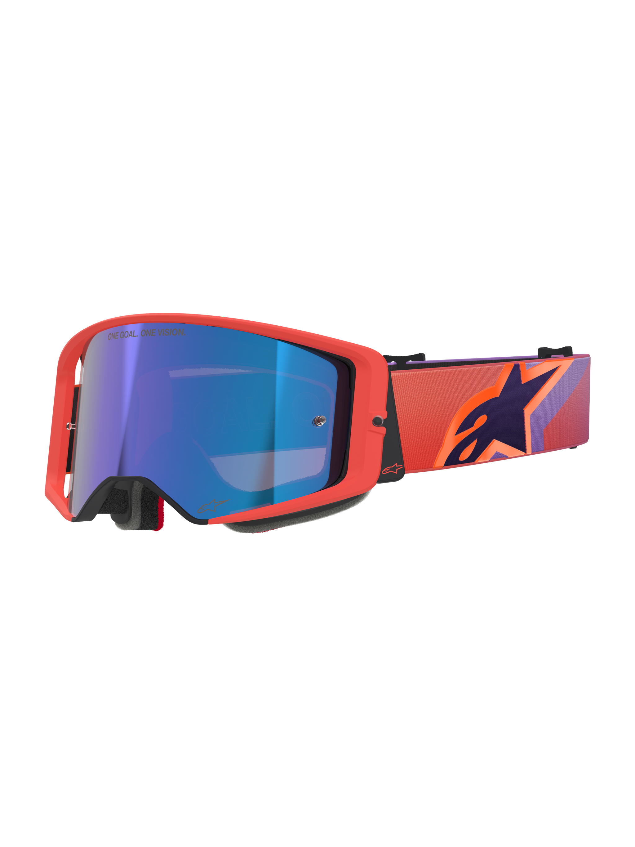 Alpinestars Supertech Vision Corp Goggles, Motocross Goggles, Hot Coral frame with Mirror Blue tinted lens, featuring a purple and orange patterned strap with the Alpinestars logo, high-performance eyewear for off-road racing