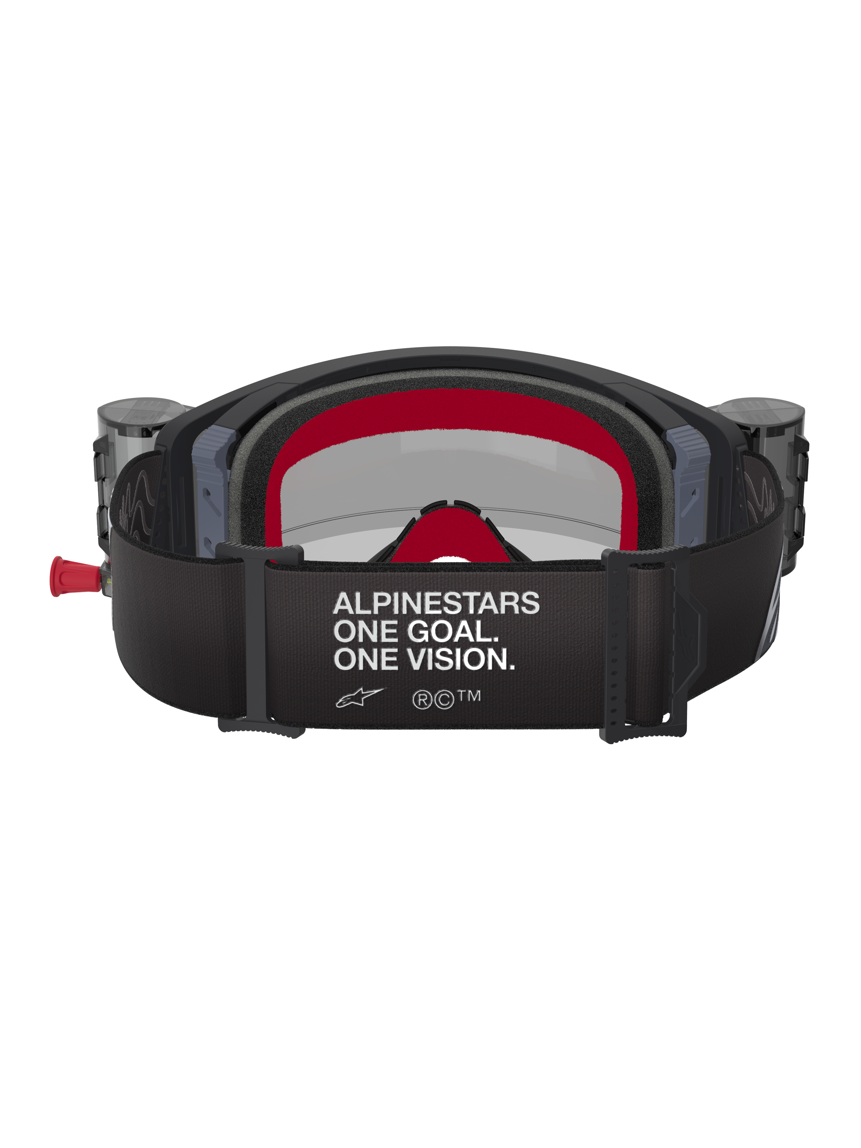 Alpinestars Supertech Corp Goggles Roll Off, Black and Grey with Red accents, rear view showing wide strap with 'ALPINESTARS ONE GOAL. ONE VISION.' white text, integrated roll-off canisters on sides, and red multi-layer face foam, professional motocross eye protection