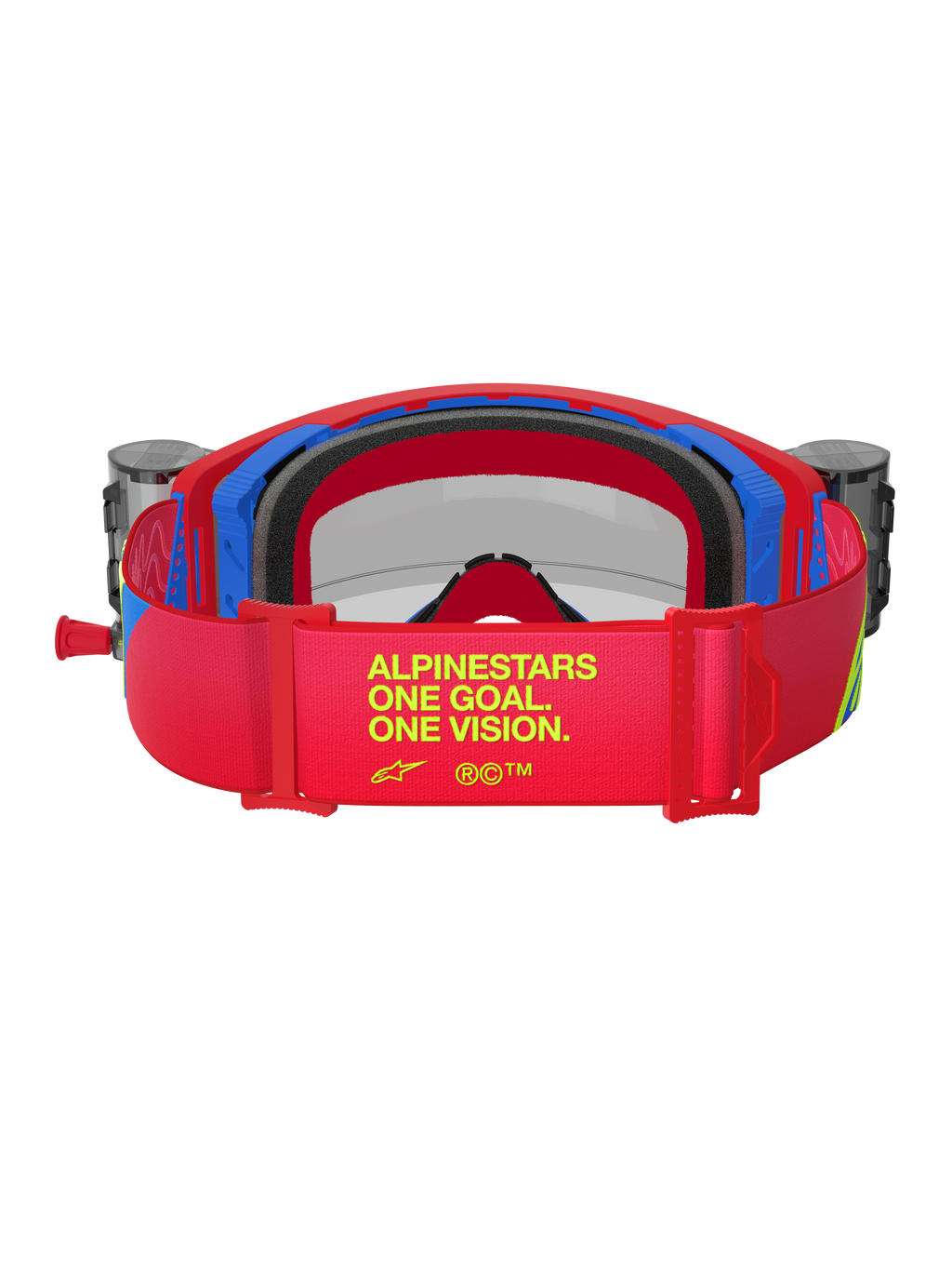 Gafas Alpinestars Supertech Corp, gafas de motocross en rojo y azul, vista trasera que muestra la correa ajustable roja con la marca 'ALPINESTARS ONE GOAL. ONE VISION.' en amarillo, botes de roll-off integrados y espuma facial multicapa negra