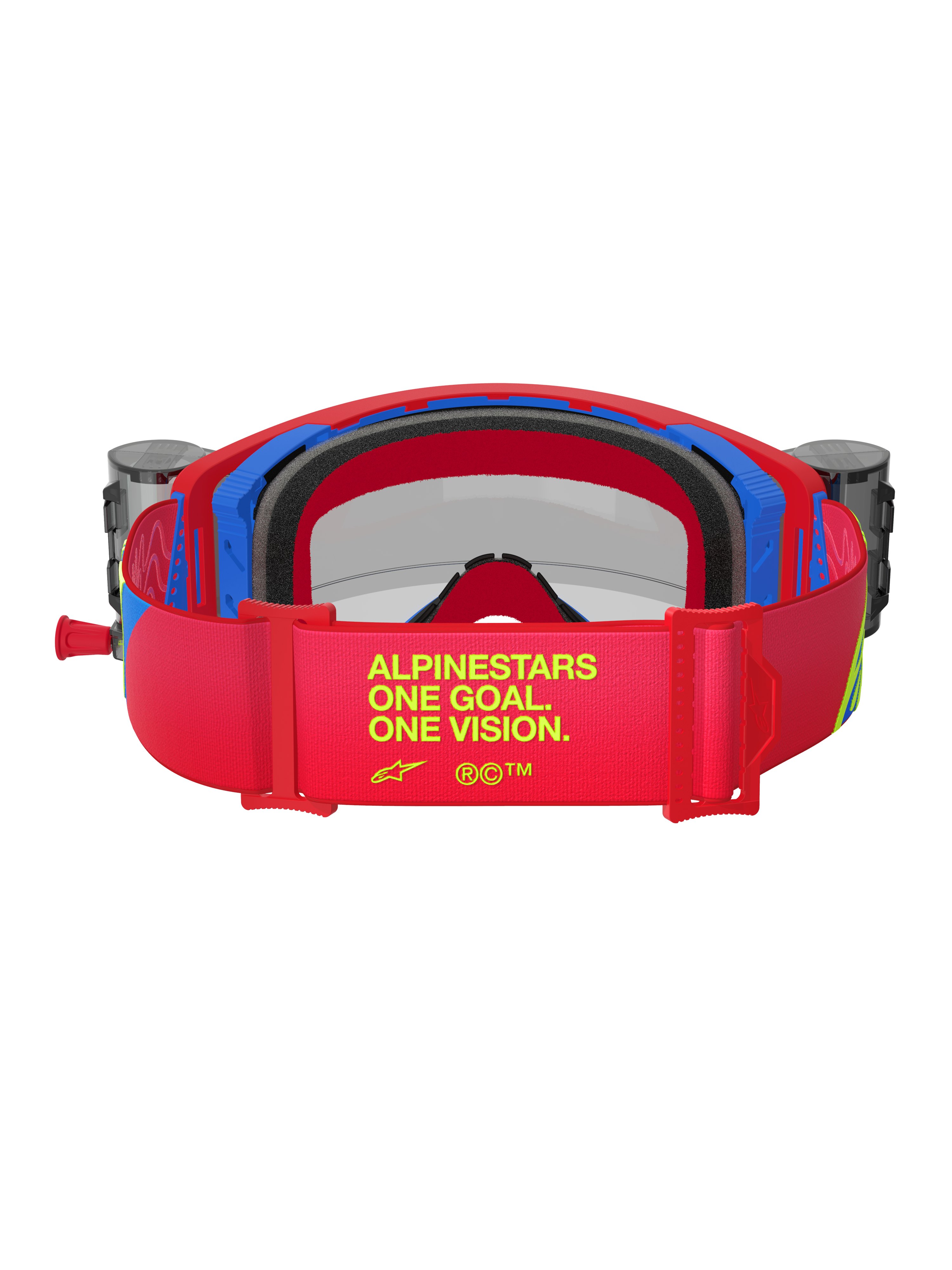 Gafas Alpinestars Supertech Corp, gafas de motocross en rojo y azul, vista trasera que muestra la correa ajustable roja con la marca 'ALPINESTARS ONE GOAL. ONE VISION.' en amarillo, botes de roll-off integrados y espuma facial multicapa negra
