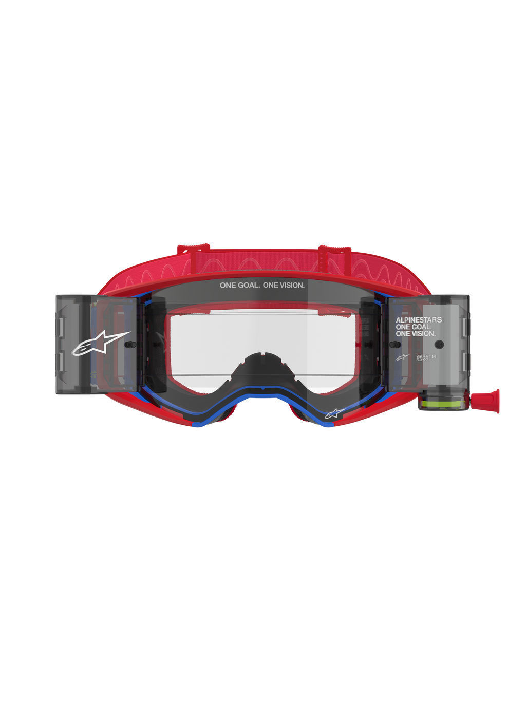 Gafas Alpinestars Supertech Corp Roll Off, gafas de motocross, rojas y azules, lente transparente moldeada por inyección con botes de roll-off y película integrados, correa roja con patrón, protección ocular profesional para carreras off-road