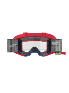 Gafas Alpinestars Supertech Corp Roll Off, gafas de motocross, rojas y azules, lente transparente moldeada por inyección con botes de roll-off y película integrados, correa roja con patrón, protección ocular profesional para carreras off-road