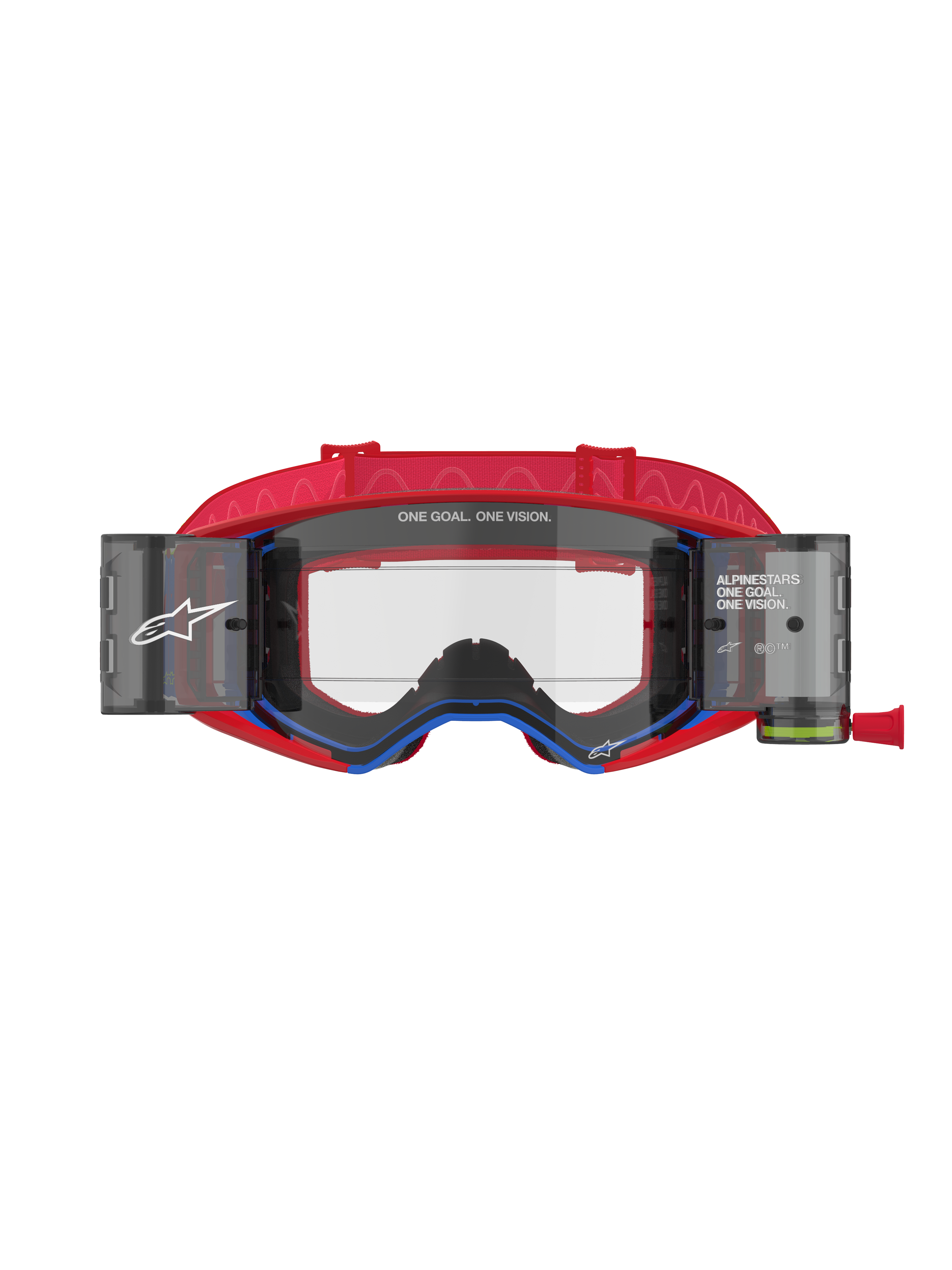 Gafas Alpinestars Supertech Corp Roll Off, gafas de motocross, rojas y azules, lente transparente moldeada por inyección con botes de roll-off y película integrados, correa roja con patrón, protección ocular profesional para carreras off-road