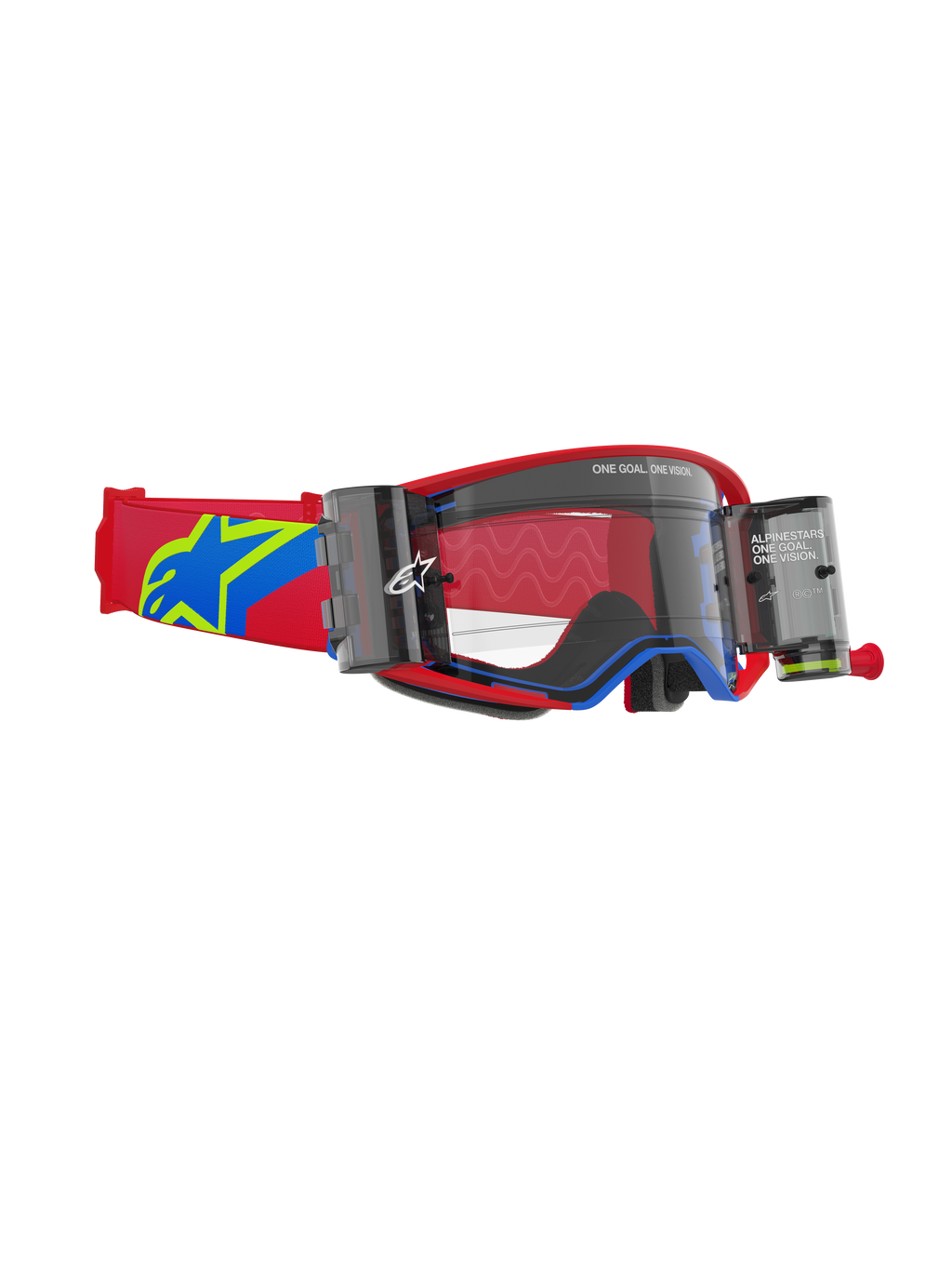 Gafas Alpinestars Supertech Corp Roll Off, gafas de motocross, montura roja y azul con lente transparente, sistema Wide Vision Roll-Off integrado con depósitos dobles, correa ajustable roja con logo de estrella en azul y amarillo, protección ocular para carreras off-road de nivel profesional.
