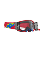 Gafas Alpinestars Supertech Corp Roll Off, gafas de motocross, montura roja y azul con lente transparente, sistema Wide Vision Roll-Off integrado con depósitos dobles, correa ajustable roja con logo de estrella en azul y amarillo, protección ocular para carreras off-road de nivel profesional.