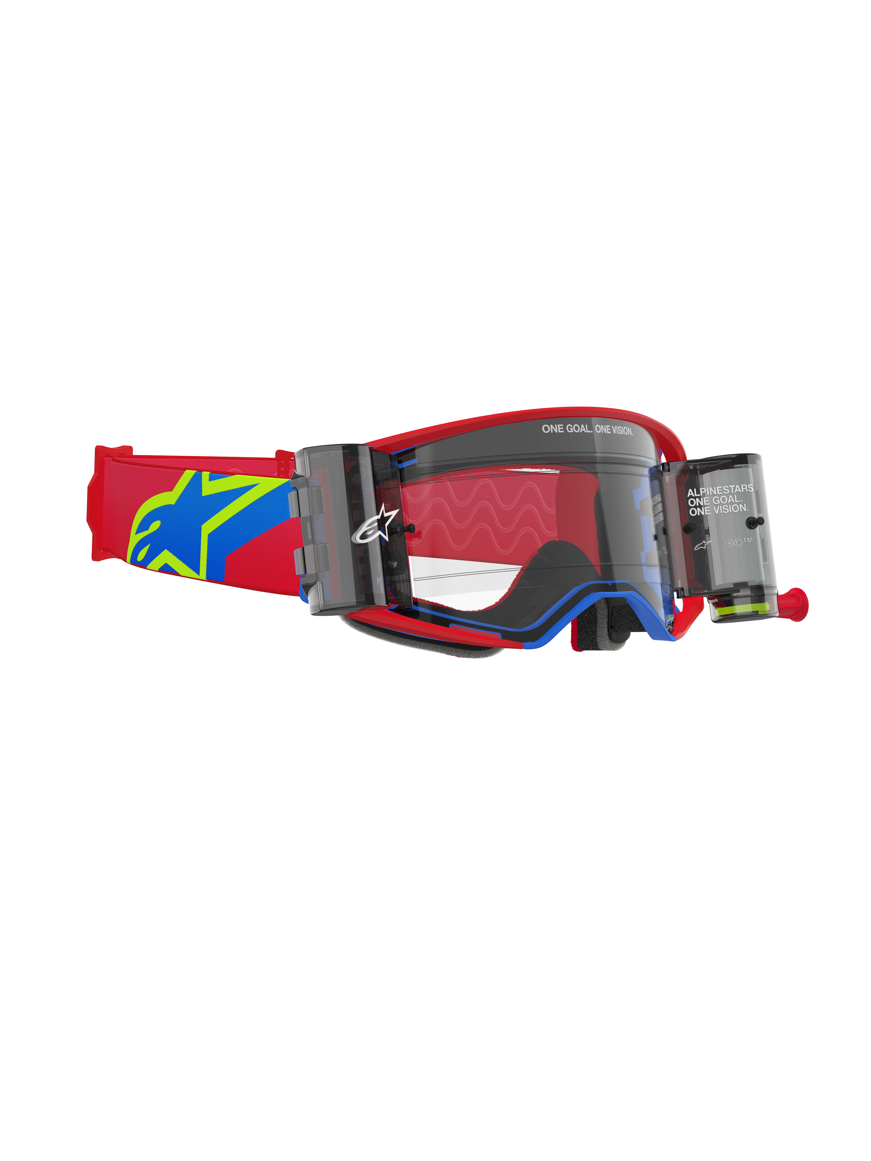 Gafas Alpinestars Supertech Corp Roll Off, gafas de motocross, montura roja y azul con lente transparente, sistema Wide Vision Roll-Off integrado con depósitos dobles, correa ajustable roja con logo de estrella en azul y amarillo, protección ocular para carreras off-road de nivel profesional.
