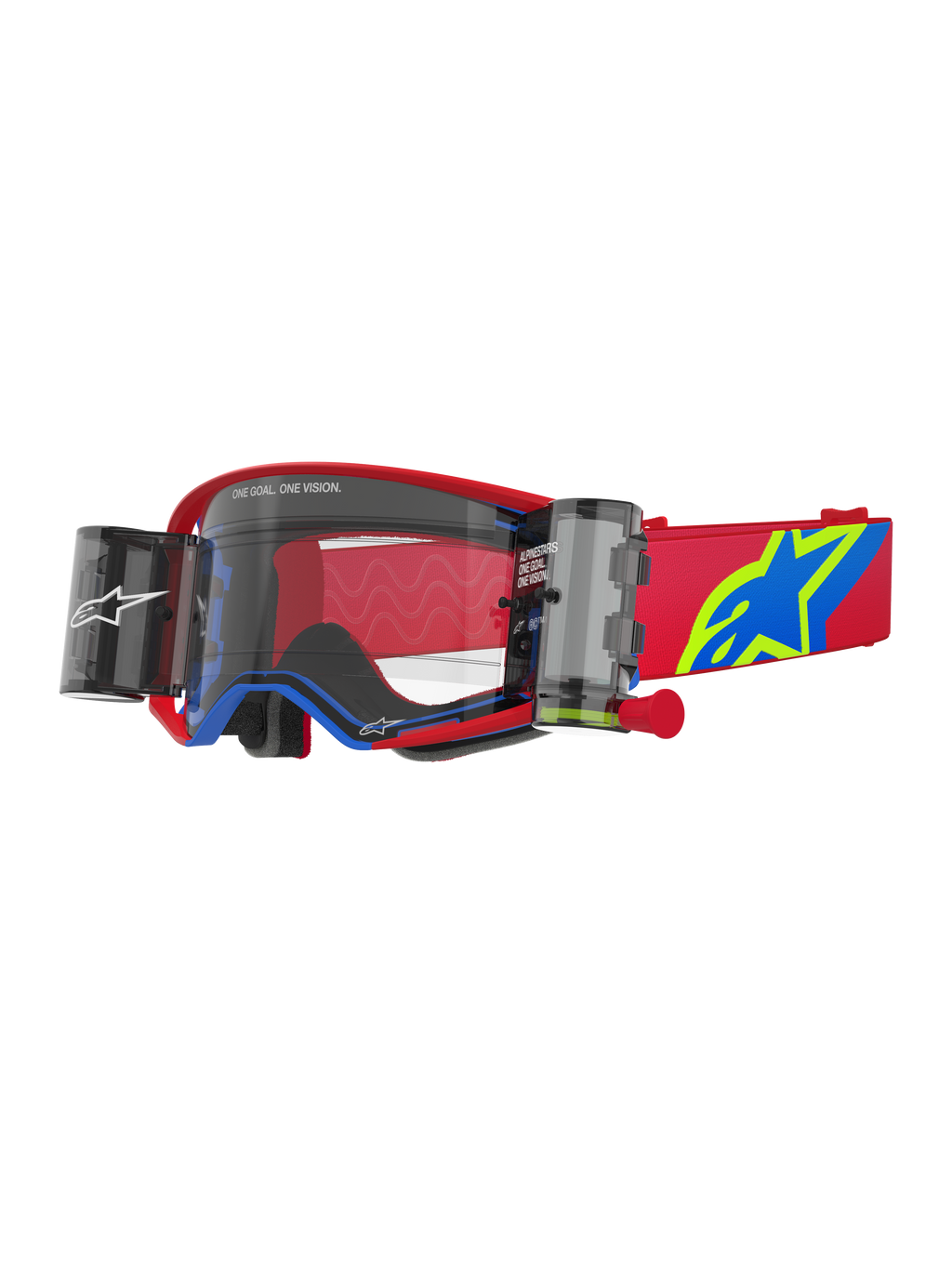 Alpinestars Supertech Corp Goggles Roll Off, gafas de motocross rojas y azules con lente transparente, sistema Wide Vision Roll-Off integrado, lente transparente moldeada por inyección, montura roja con detalles azules, correa roja ancha con logotipo de estrella en azul y amarillo, protección ocular profesional para carreras off-road