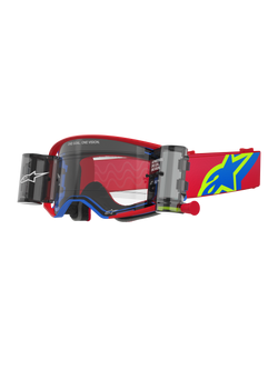 Alpinestars Supertech Corp Goggles Roll Off, gafas de motocross rojas y azules con lente transparente, sistema Wide Vision Roll-Off integrado, lente transparente moldeada por inyección, montura roja con detalles azules, correa roja ancha con logotipo de estrella en azul y amarillo, protección ocular profesional para carreras off-road