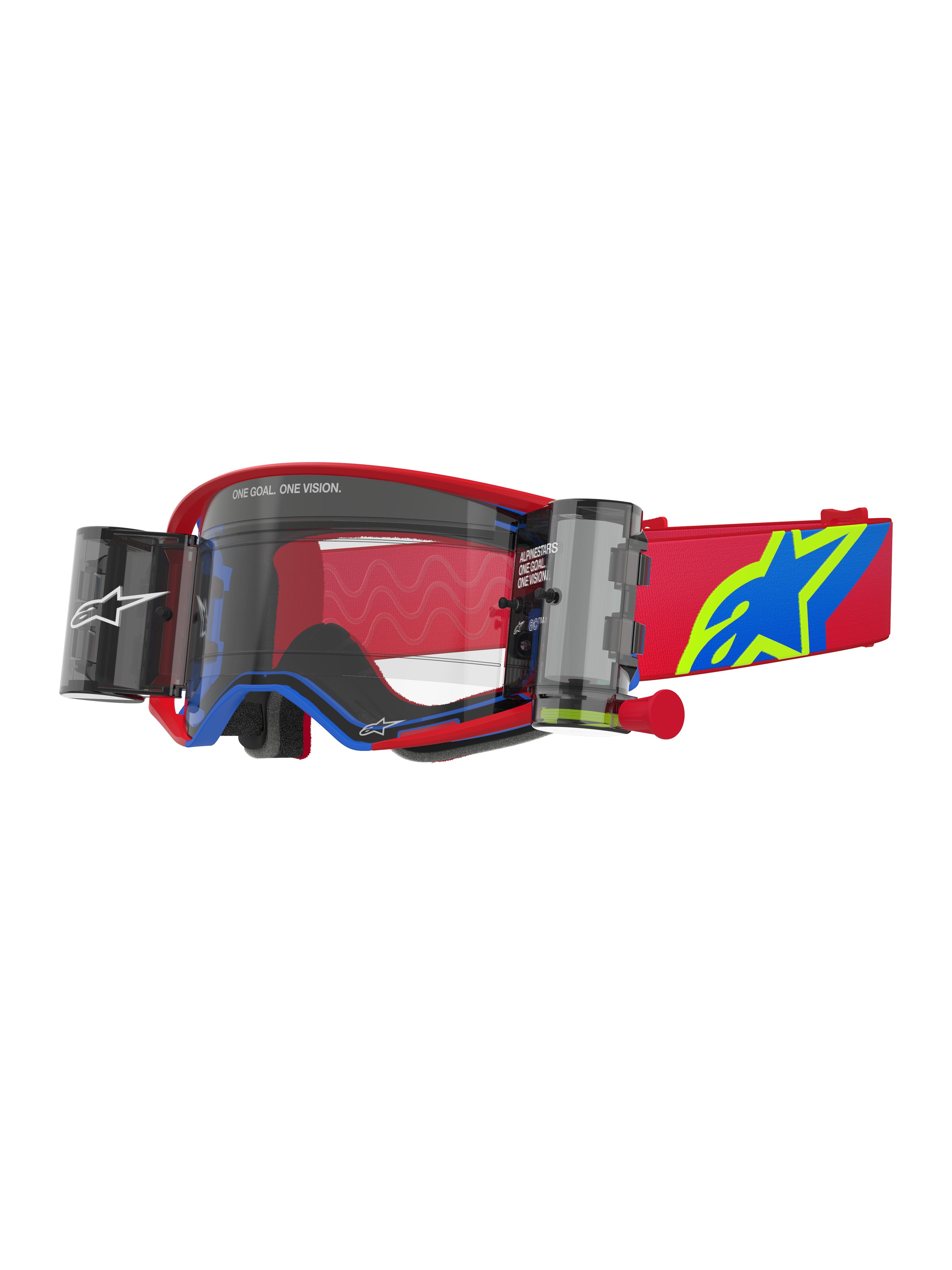 Alpinestars Supertech Corp Goggles Roll Off, gafas de motocross rojas y azules con lente transparente, sistema Wide Vision Roll-Off integrado, lente transparente moldeada por inyección, montura roja con detalles azules, correa roja ancha con logotipo de estrella en azul y amarillo, protección ocular profesional para carreras off-road