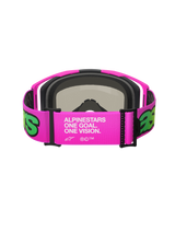 Alpinestars Vision 8 Vista Goggles, Motocross Goggles, Pink and Fluo Yellow, rear view of the wide adjustable strap with white 'One Goal. One Vision.' branding, pink frame with black face foam, high-performance off-road eyewear