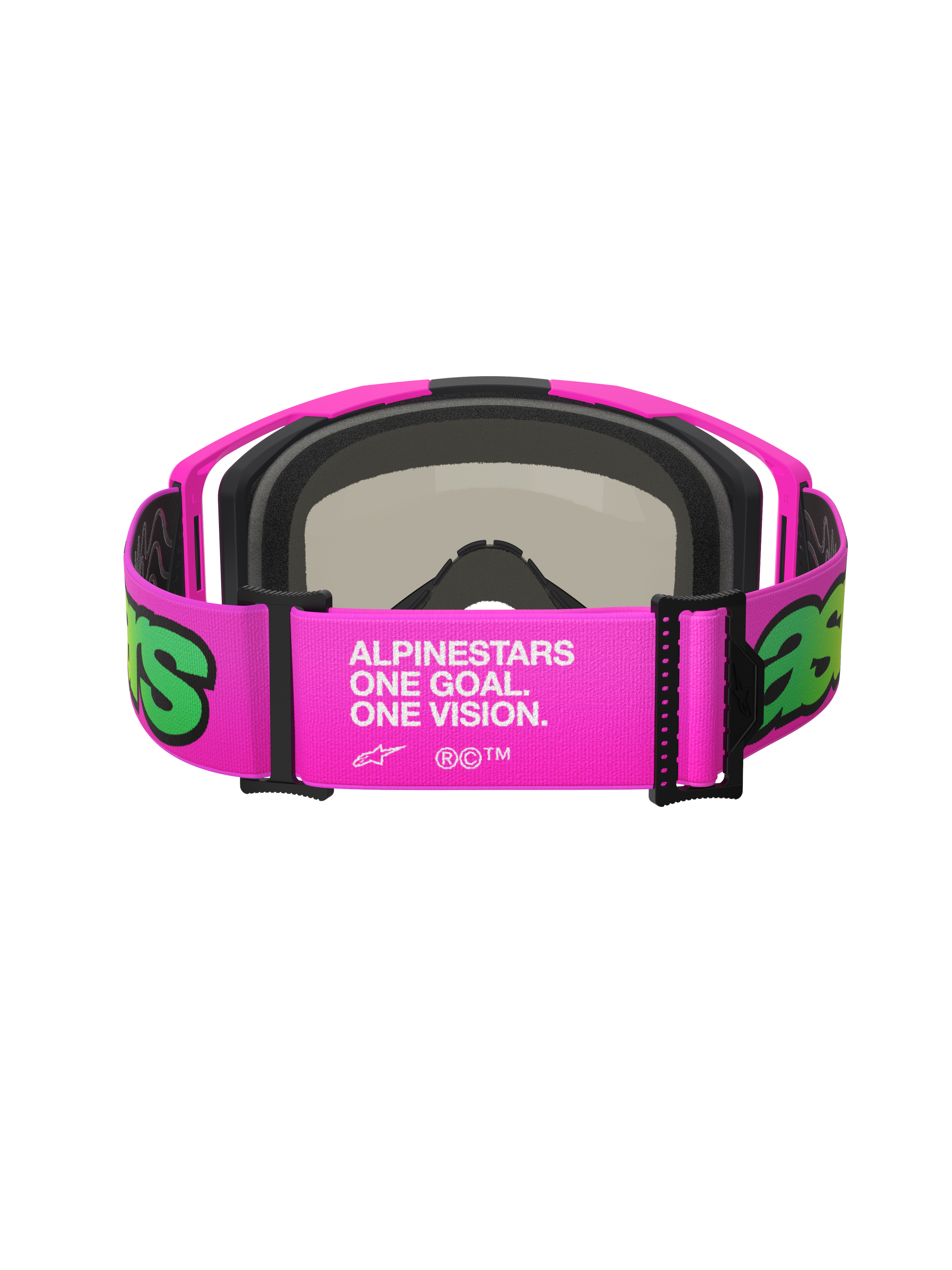 Alpinestars Vision 8 Vista Goggles, Motocross Goggles, Pink and Fluo Yellow, rear view of the wide adjustable strap with white 'One Goal. One Vision.' branding, pink frame with black face foam, high-performance off-road eyewear