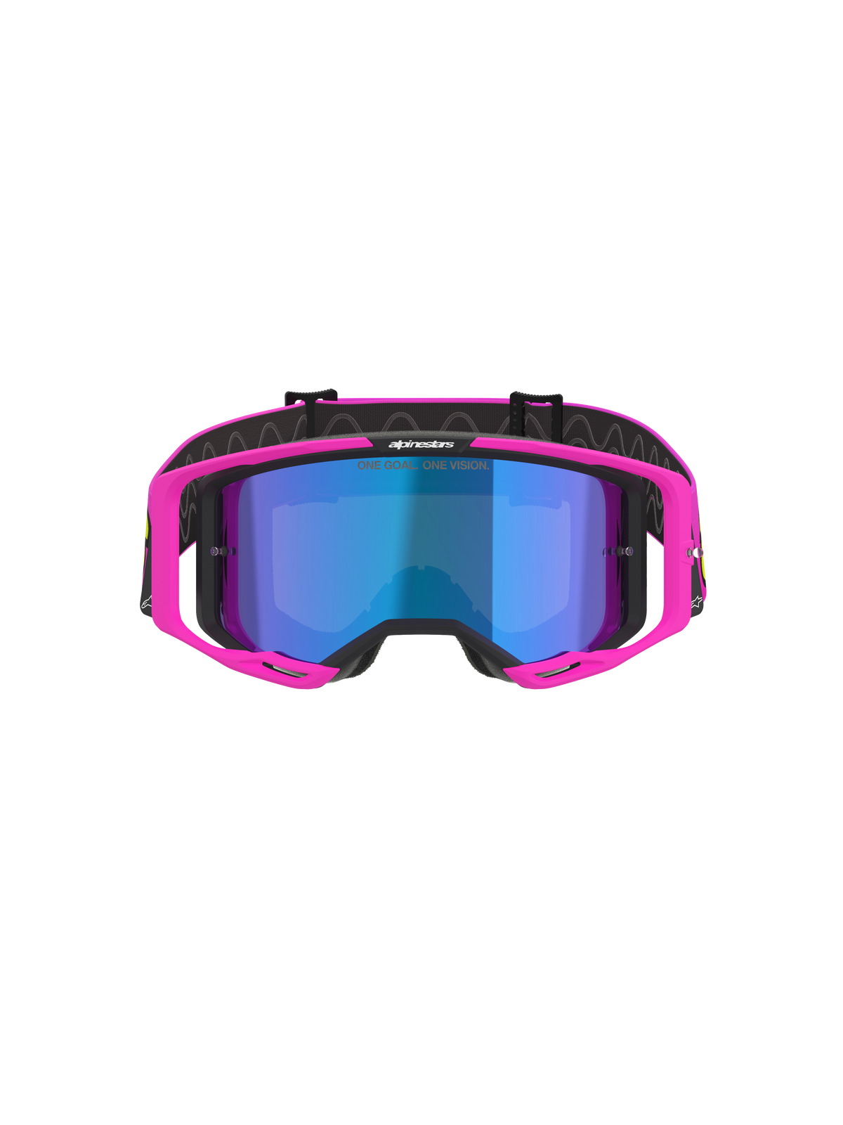 Gafas Alpinestars Vision 8 Vista, gafas de motocross, rosa flúor y amarillo flúor con lente azul espejada, montura rosa vibrante, lente azul de espejo, correa negra con el lema 'ONE GOAL. ONE VISION.', protección ocular profesional para carreras off-road