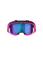 Gafas Alpinestars Vision 8 Vista, gafas de motocross, rosa flúor y amarillo flúor con lente azul espejada, montura rosa vibrante, lente azul de espejo, correa negra con el lema 'ONE GOAL. ONE VISION.', protección ocular profesional para carreras off-road