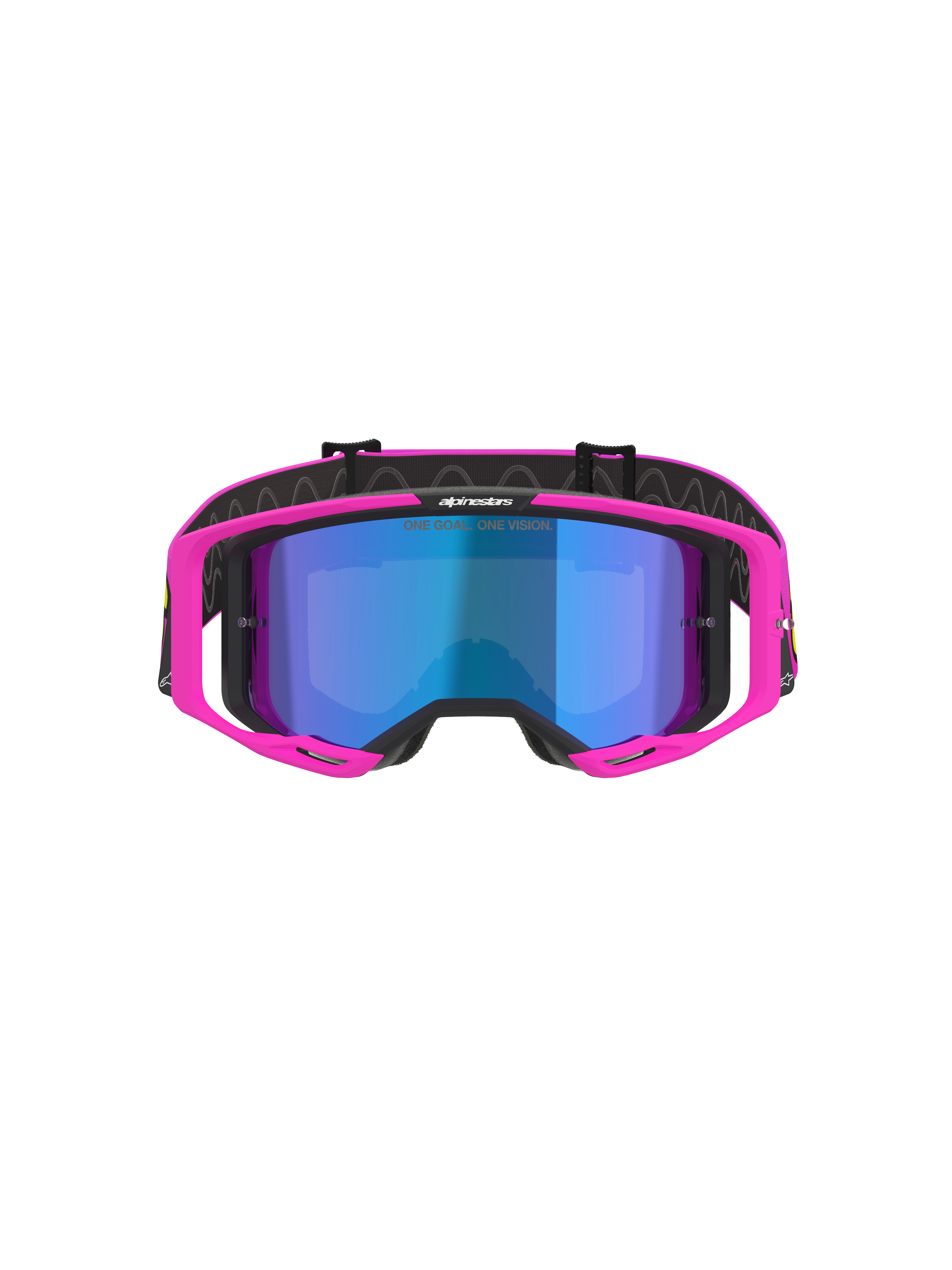 Gafas Alpinestars Vision 8 Vista, gafas de motocross, rosa flúor y amarillo flúor con lente azul espejada, montura rosa vibrante, lente azul de espejo, correa negra con el lema 'ONE GOAL. ONE VISION.', protección ocular profesional para carreras off-road