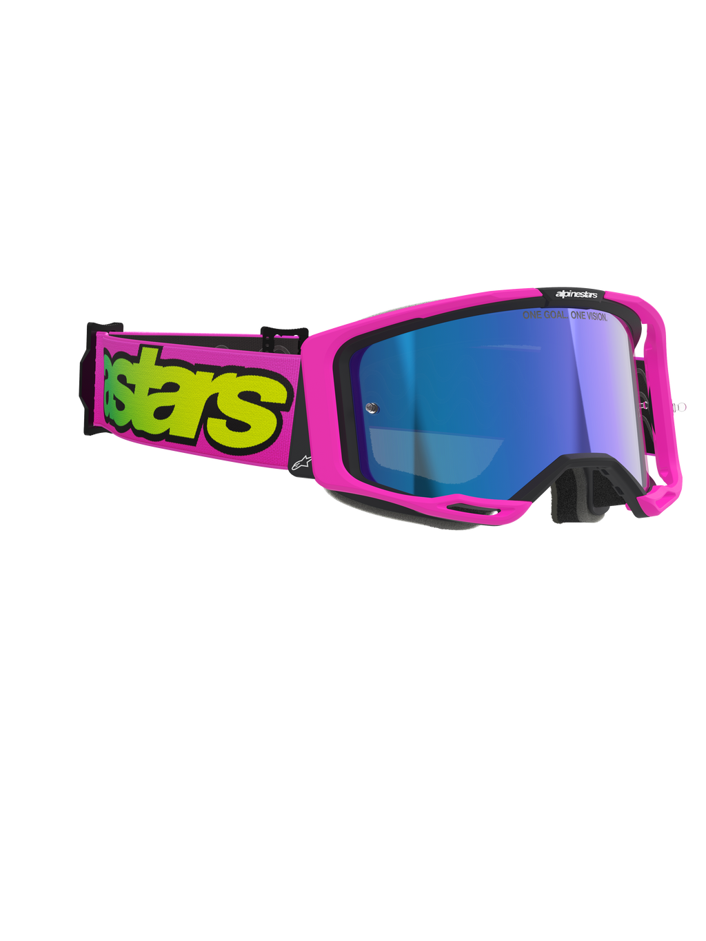 Gafas Alpinestars Vision 8 Vista, gafas de motocross, rosa flúor y amarillo flúor con lente azul espejo, montura rosa vibrante y correa con logotipo amarillo llamativo, protección ocular profesional para off-road