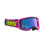 Gafas Alpinestars Vision 8 Vista, gafas de motocross, rosa flúor y amarillo flúor con lente azul espejo, montura rosa vibrante y correa con logotipo amarillo llamativo, protección ocular profesional para off-road