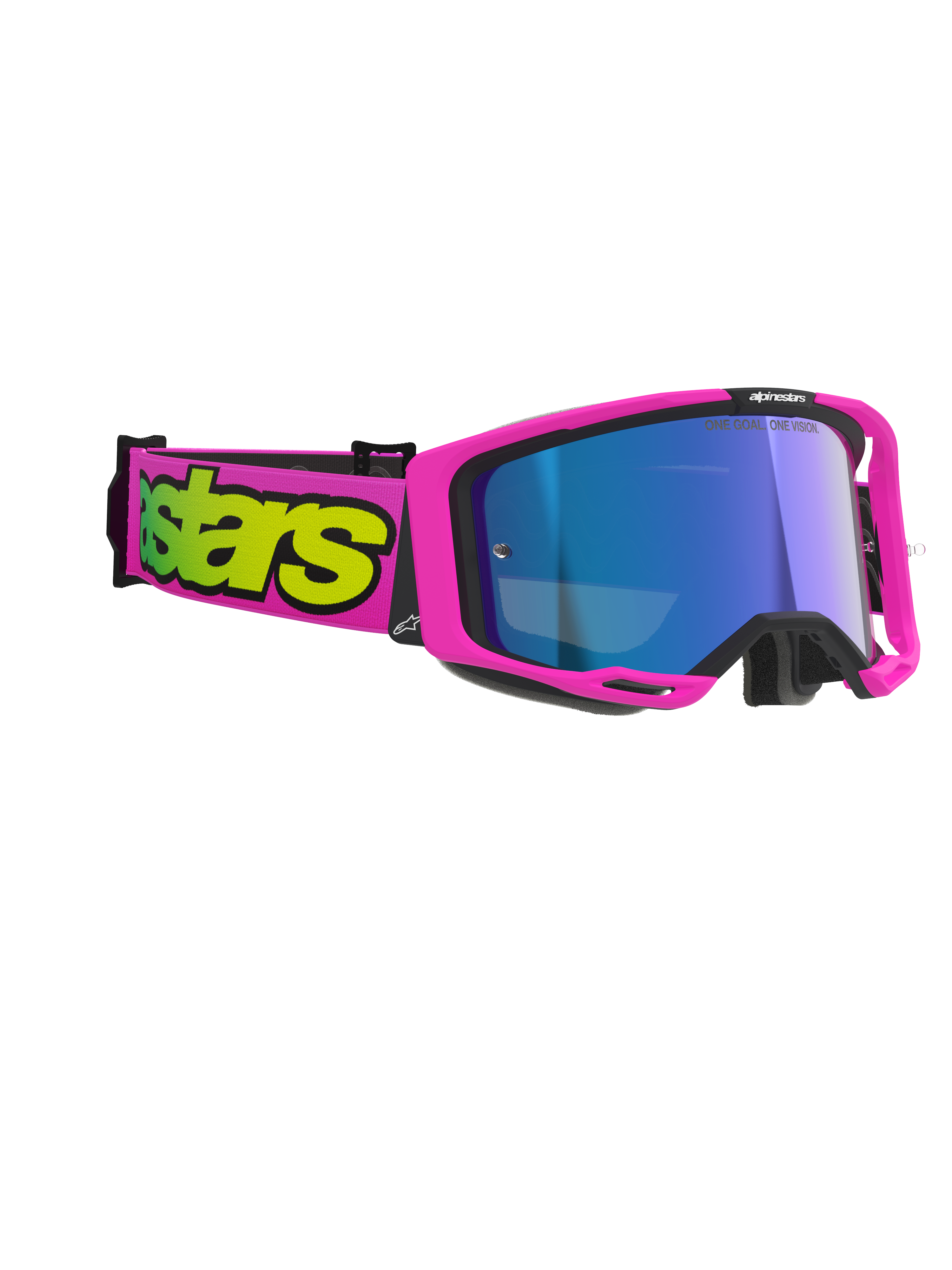 Gafas Alpinestars Vision 8 Vista, gafas de motocross, rosa flúor y amarillo flúor con lente azul espejo, montura rosa vibrante y correa con logotipo amarillo llamativo, protección ocular profesional para off-road