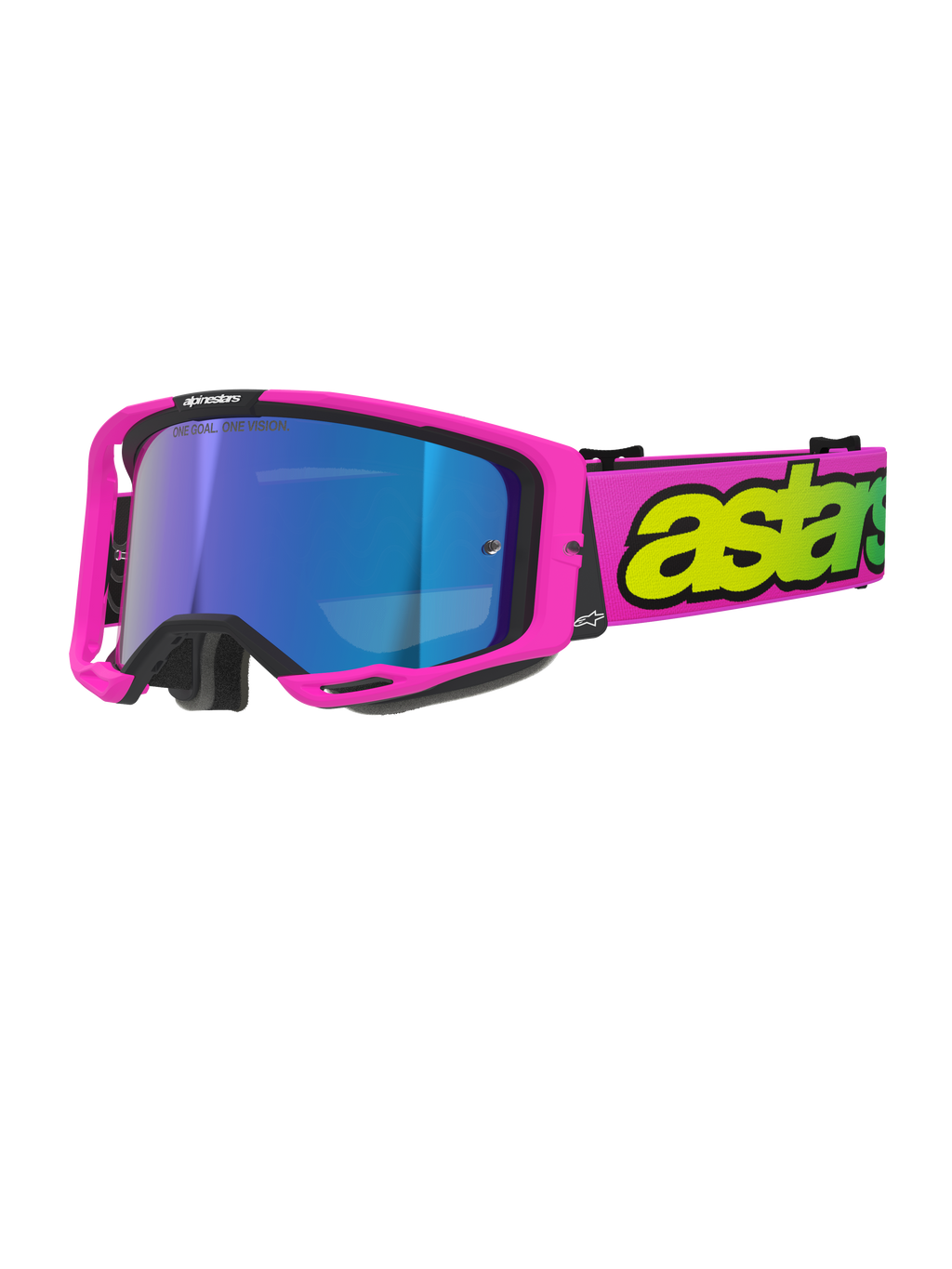 Gafas Alpinestars Vision 8 Vista, gafas de motocross, rosa flúor y amarillo flúor con lente azul espejada, montura rosa brillante, correa rosa ancha con marca destacada en amarillo flúor, gafas de alto rendimiento para off-road