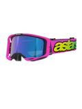 Gafas Alpinestars Vision 8 Vista, gafas de motocross, rosa flúor y amarillo flúor con lente azul espejada, montura rosa brillante, correa rosa ancha con marca destacada en amarillo flúor, gafas de alto rendimiento para off-road