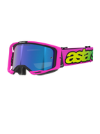 Gafas Alpinestars Vision 8 Vista, gafas de motocross, rosa flúor y amarillo flúor con lente azul espejada, montura rosa brillante, correa rosa ancha con marca destacada en amarillo flúor, gafas de alto rendimiento para off-road