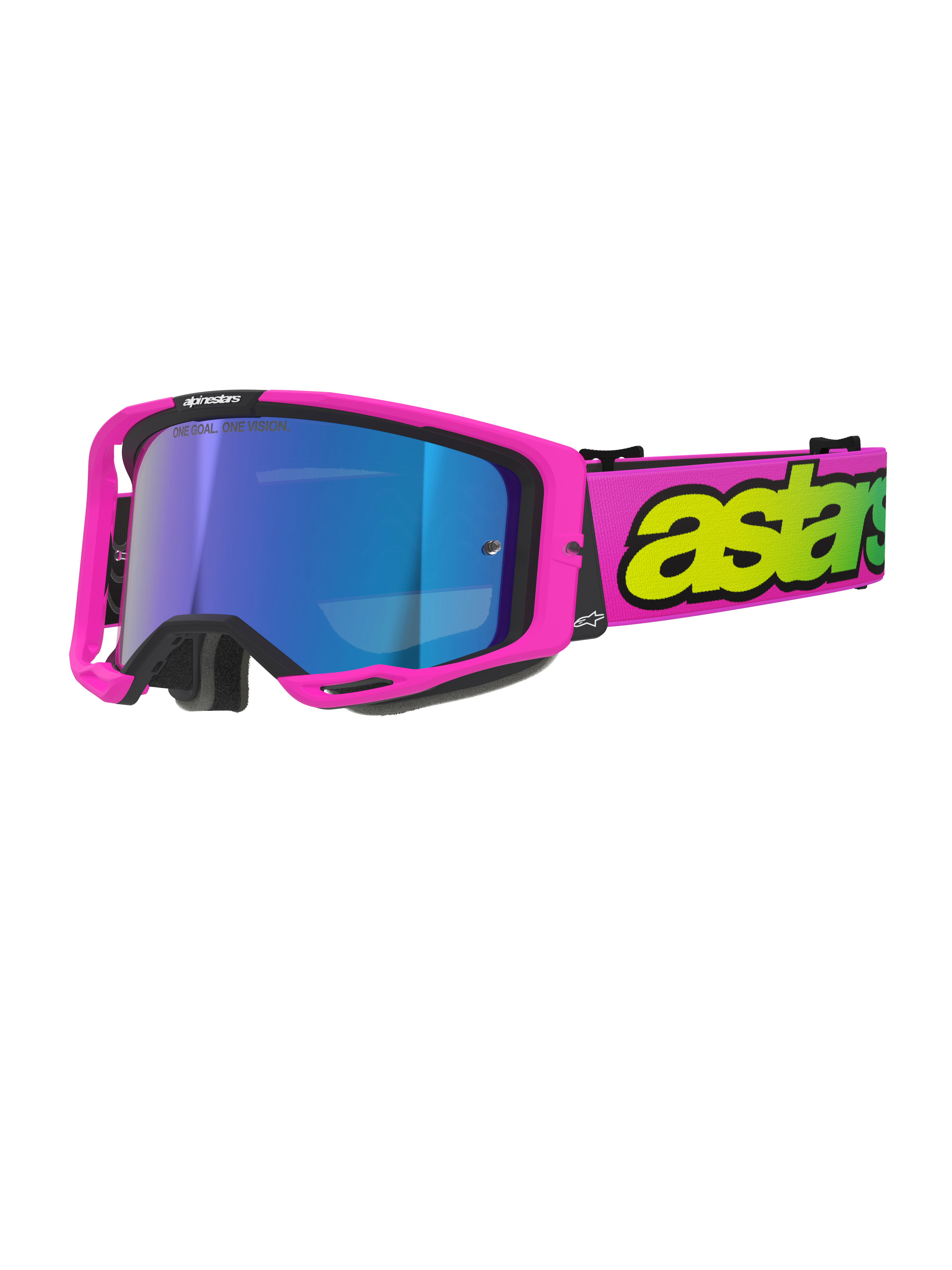 Gafas Alpinestars Vision 8 Vista, gafas de motocross, rosa flúor y amarillo flúor con lente azul espejada, montura rosa brillante, correa rosa ancha con marca destacada en amarillo flúor, gafas de alto rendimiento para off-road