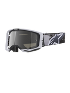 Alpinestars Vision 8 Lahnd Goggles, Motocross Goggles, Iron Camo Mirror Silver, white frame with a silver mirrored lens, grayscale camouflage strap featuring a large white star logo, high-performance eyewear for off-road racing
