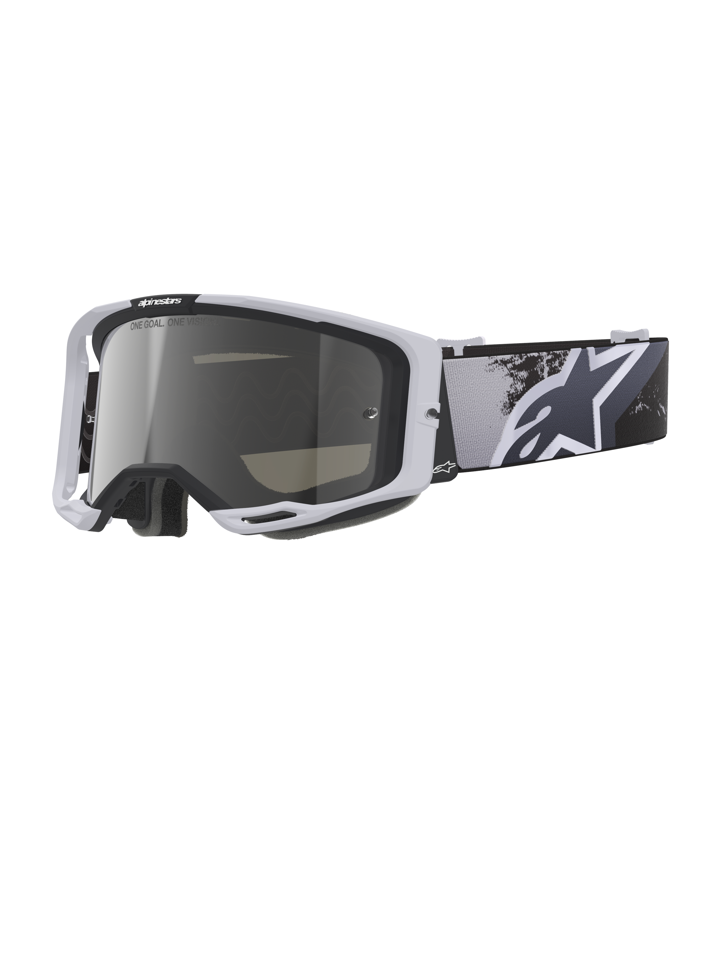 Alpinestars Vision 8 Lahnd Goggles, gafas de motocross, Iron Camo Mirror Silver, montura blanca con lente de espejo plateada, correa de camuflaje en escala de grises con el logotipo de la estrella en blanco, gafas de alto rendimiento para carreras off-road