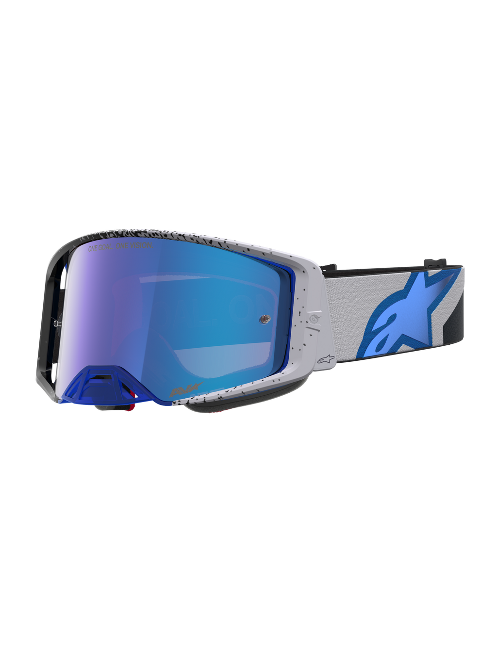 Alpinestars Supertech Hiten, gafas de motocross, gris, negro y azul con lente de espejo azul, diseño profesional off-road