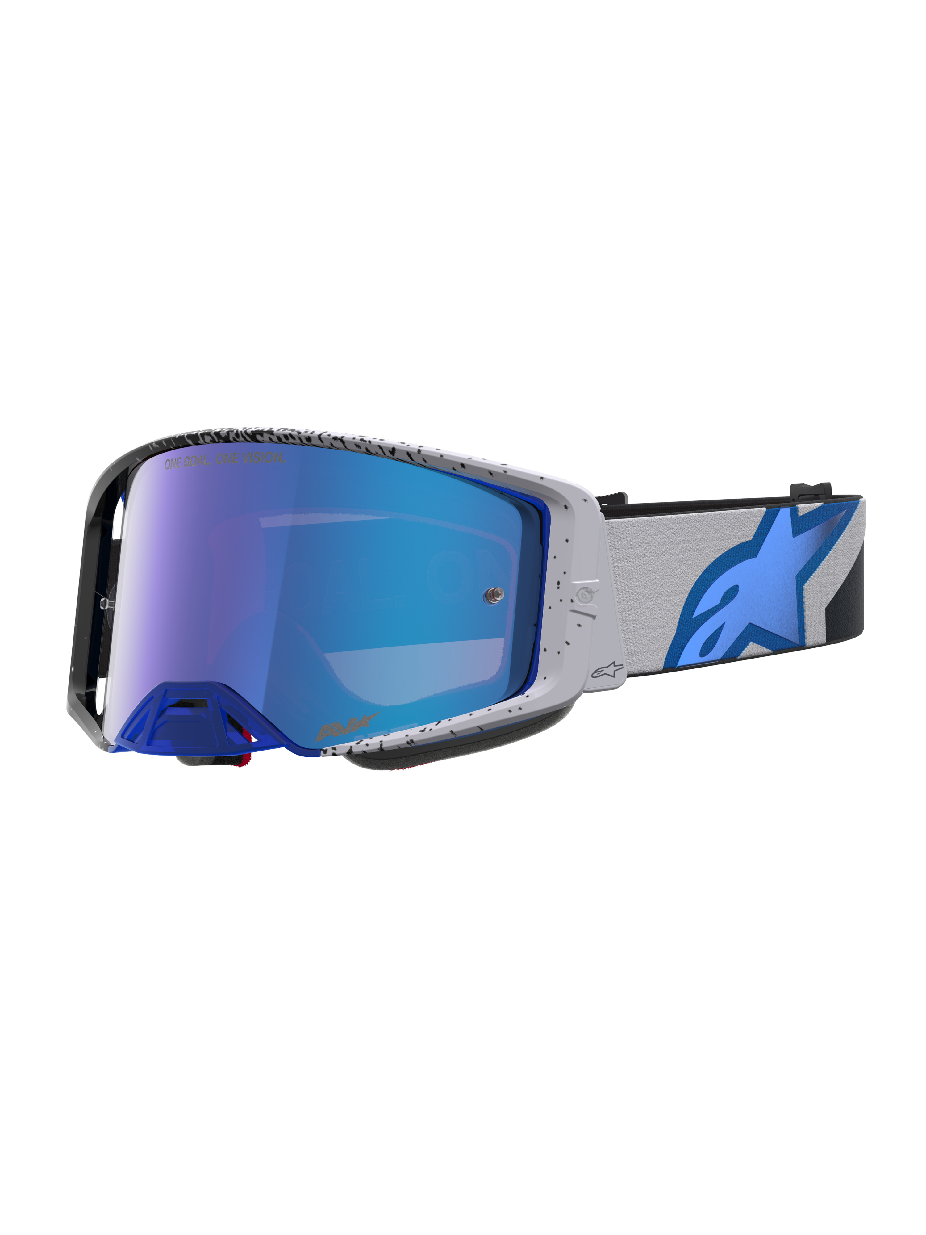 Alpinestars Supertech Hiten, gafas de motocross, gris, negro y azul con lente de espejo azul, diseño profesional off-road